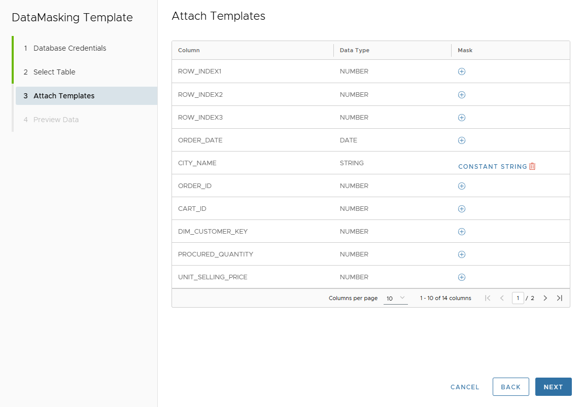 Column shows attached template