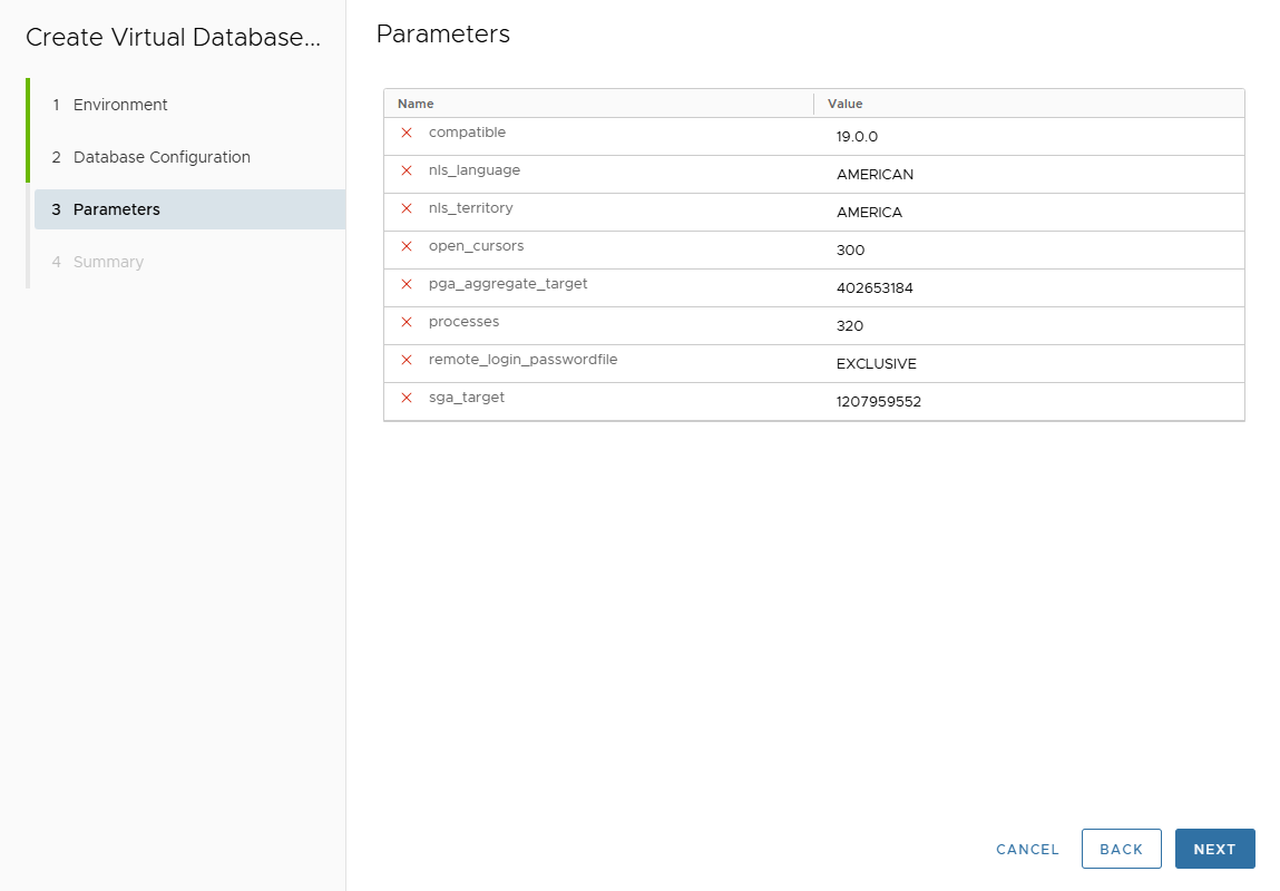 Database parameters